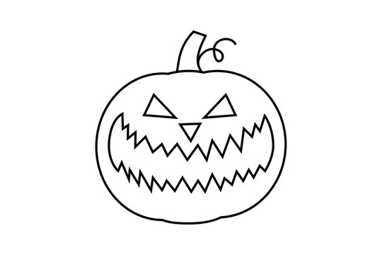 Halloween jack-o-lantern pumpkin outline with evil grin and triangular eyes. Carved pumpkin with menacing, scary facial expression and stem for spooky October parties, decorations. High resolution PNG