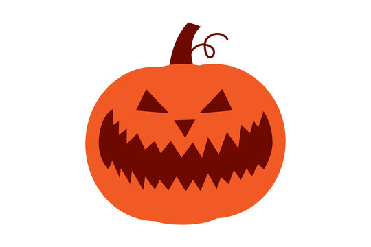 Halloween jack-o-lantern pumpkin with evil grin and triangular eyes. Orange carved pumpkin with menacing, scary facial expression and stem for spooky October parties, decorations. High resolution PNG