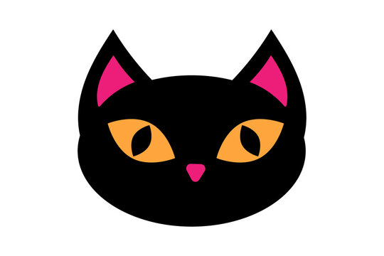 Halloween black cat face with orange eyes and pink nose. Classic spooky feline with bright colored features for October witch decorations and traditional Halloween creature design High resolution PNG 