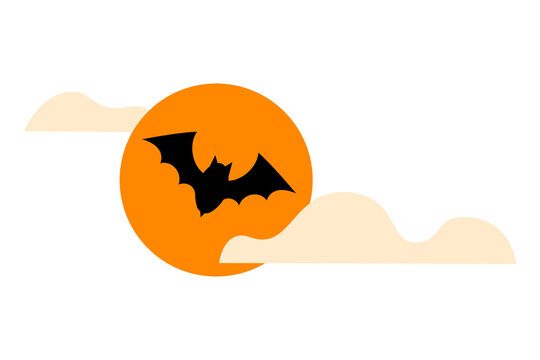 Halloween bat silhouette flying across orange full moon with cream clouds. Spooky black bat against autumn sunset sky for October holiday decorations and atmospheric night scenes. High resolution PNG 