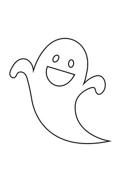 Halloween happy ghost with arms raised and big smile. Cheerful magic spirit with black outline celebrating and waving for October spooky decorations and friendly character designs. High resolution PNG