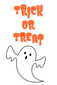 Halloween trick or treat text with cute ghost illustration. Orange dripping letters and friendly white ghost with black outline for October holiday decorations and children's activities. High-res PNG
