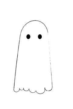 Halloween simple white ghost with black hand drawn outline and dot eyes. Minimalist friendly spooky spirit with scalloped bottom edge for October holiday decorations and children's activities. PNG