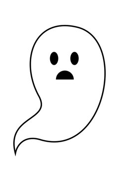 Halloween surprised ghost with black outline and frown. Simple white spirit with disappointed expression and curved tail for October spooky decorations and emotional character designs. High-res PNG