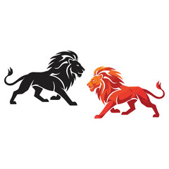 Two majestic lions facing each other in contrasting colors.