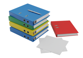 Six stacked ring binders, three crisp A4 documents, and a silver pen on a transparent studio background, 45-degree angle. Concept of professional office organization