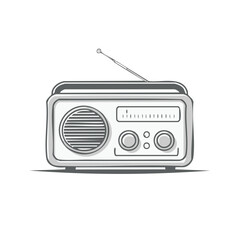 Monochrome illustration of a retro portable transistor radio with an antenna