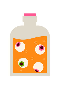 Halloween spooky potion bottle with floating eyeballs in orange liquid. Creepy magic elixir jar with pink cork for October party holiday decorations and witchcraft themed designs. High resolution PNG 