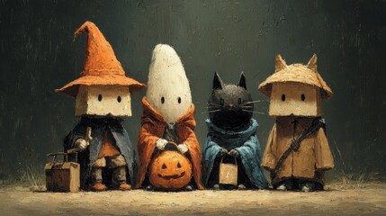 Fototapeta premium Playful 3D Scene Featuring Halloween Characters and a Ghost
