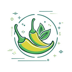 Fototapeta premium Chili peppers and leaves in circle icon with decorative elements