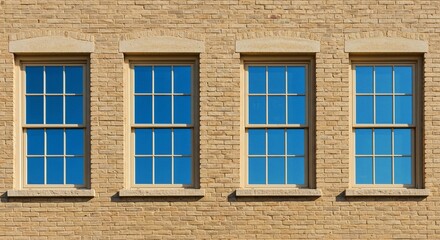 Fototapeta premium A symmetrical architectural shot of four large wooden-framed windows reflecting a bright blue sky