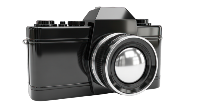Classic Black 35mm Film Camera with Shiny Lens.