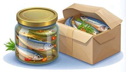 Canned fish in a glass jar and open cardboard box, with tomatoes and spices