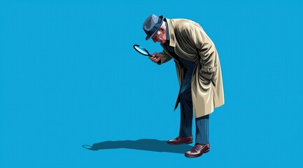 Un vieux détective privé portant un chapeau avec une loupe dans la main, debout et cherchant un indice sur le sol, fond bleu, dans un style minimaliste, image avec espace pour texte.