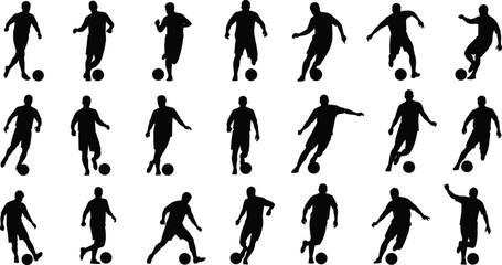 Soccer player silhouettes with football ball, running, kicking, dribbling, playing action poses, black vector illustration, sports design, athletic movement