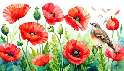 Fototapeta premium Watercolor poppy field with bird