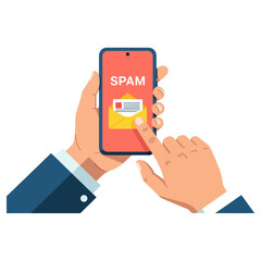 Hand holding phone with spam message, email notification.