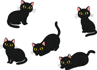 Black cats, feline companions, yellow eyes, sitting positions, playful littles, curious expressions, sleek fur, kitten illustrations