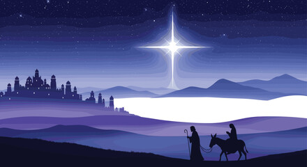 Nativity night scene illustration, Bethlehem star shining bright, holy journey of Mary and Joseph, biblical Christmas story, spiritual Christian artwork design