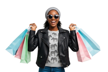 happy woman shopping isolated on transparent cutout background, cut out, png