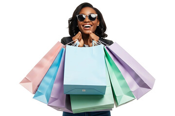 Excited young woman smiling with colorful shopping bags after a successful spree isolated on transparent cutout background, cut out, png