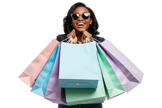 Excited young woman smiling with colorful shopping bags after a successful spree isolated on transparent cutout background, cut out, png