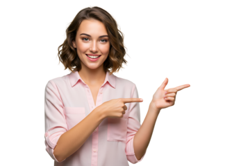Smiling beautiful woman pointing fingers to the side at copy space isolated on transparent cutout background, cut out, png