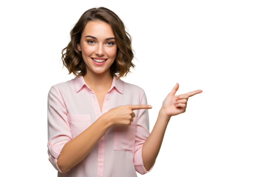Smiling beautiful woman pointing fingers to the side at copy space isolated on transparent cutout background, cut out, png