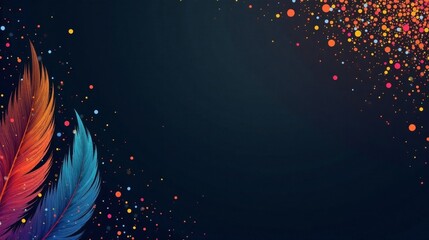 Abstract Colorful Feathers and Sparkling Dust on Dark Background, Ideal for Festive Designs or Elegant Presentations