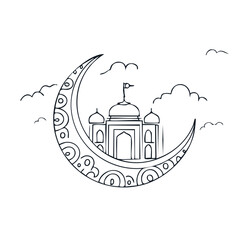 Crescent moon silhouette with mosque, flag, and cloud details on a white background