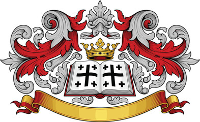 Antique heraldic coat of arms illustration, medieval crest with crown, shield, holy book, black crosses, ornate vintage decorative elements
