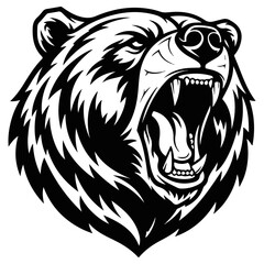 Roaring bear head illustration in black and white design.