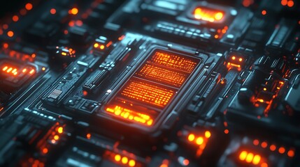 Fototapeta premium Close up of glowing orange circuit board components isolated on white background