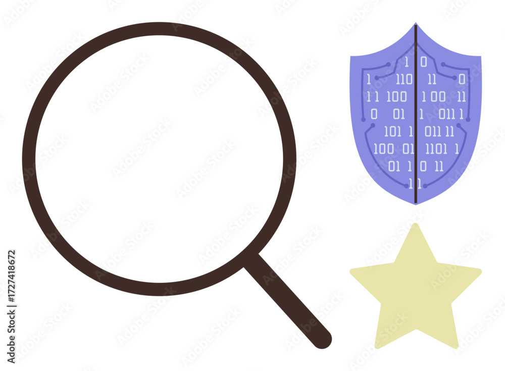 Poster magnifying glass for analysis, shield with binary for cybersecurity, and star for quality assurance.