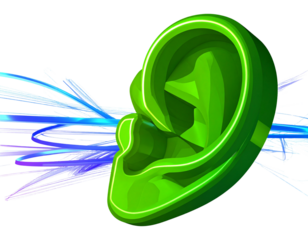 Futuristic 3D Green Ear Icon with Neon Glow – PNG Cutout