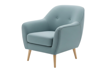 Modern light blue armchair with wooden legs isolated on transparent cutout background, cut out, png