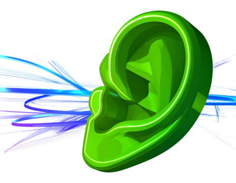 Futuristic 3D Green Ear Icon with Neon Glow – PNG Cutout
