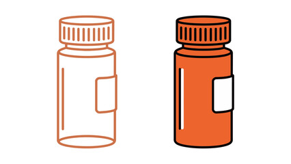 Medicine Pill Bottle or Jar Vector Icon Set in Orange Color and Outline for Pharmacy Healthcare and Medical Concepts