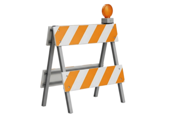 Road construction barrier with a flashing warning light isolated on transparent cutout background, cut out, png