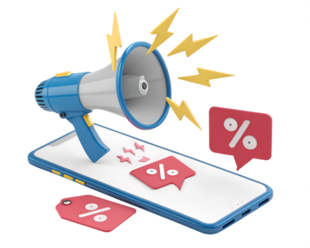 Blue megaphone on smartphone screen with red percentage tags and yellow lightning bolts loudspeaker - Powered by Adobe