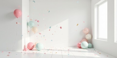 Pastel Balloons and Confetti in a Bright Room, Ideal for Festive Celebrations and Event Decor