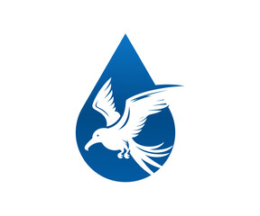 White bird flying inside a blue water drop shape