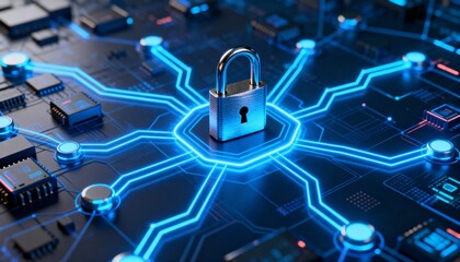 Cyber defense system visualization with padlock in the center of digital network and glowing blue neon connections, futuristic cybersecurity technology, secure data protection and information safety