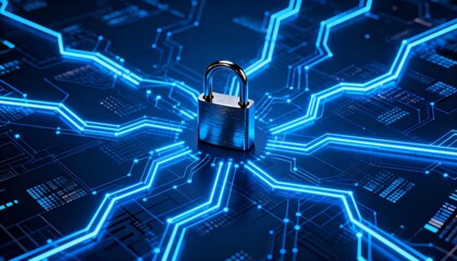 Cyber defense system visualization with padlock in the center of digital network and glowing blue neon connections, futuristic cybersecurity technology, secure data protection and information safety