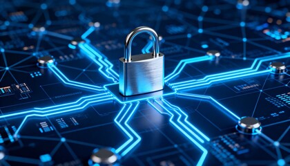 Cyber defense system visualization with padlock in the center of digital network and glowing blue neon connections, futuristic cybersecurity technology, secure data protection and information safety