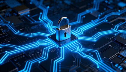 Cyber defense system visualization with padlock in the center of digital network and glowing blue neon connections, futuristic cybersecurity technology, secure data protection and information safety