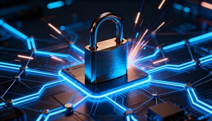 Cyber defense system visualization with padlock in the center of digital network and glowing blue neon connections, futuristic cybersecurity technology, secure data protection and information safety