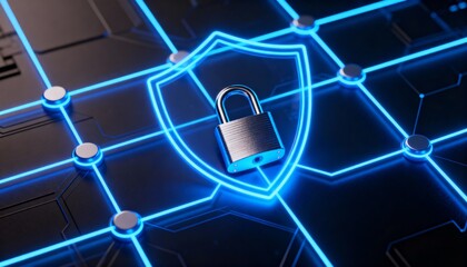 Cyber defense system visualization with padlock in the center of digital network and glowing blue neon connections, futuristic cybersecurity technology, secure data protection and information safety