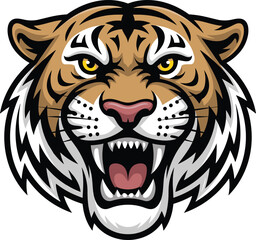 Roaring tiger head illustration, fierce wild animal mascot, aggressive predator face, vector artwork for sports team logo, branding, emblem design