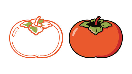 Whole Ripe Persimmon Fruit Vector Icon Set in Orange Color and Outline for Healthy Eating and Fall Harvest